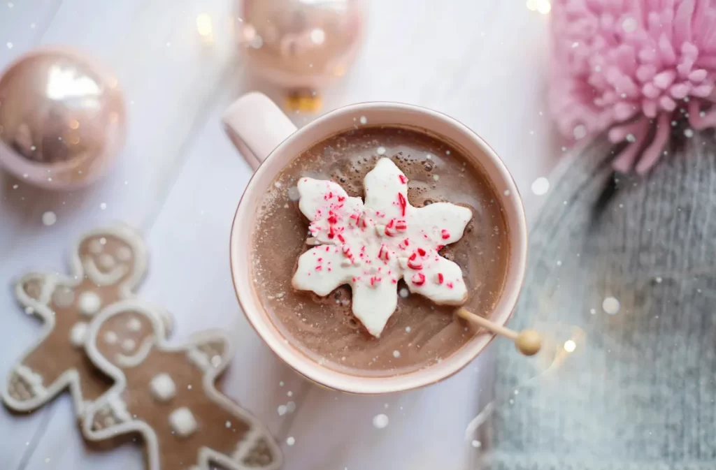 A creamy cocoa fruit cup topped with a snowflake-shaped cookie and peppermint sprinkles for a festive treat.