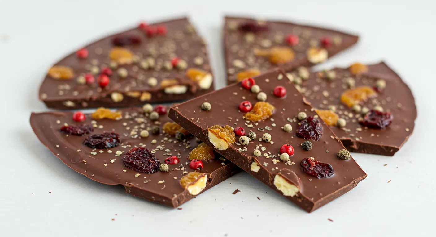 Dark chocolate bark topped with dried fruits, nuts, and crushed peppercorns for a spicy-sweet treat.