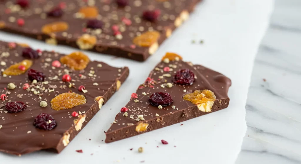 Gourmet chocolate bark sprinkled with red and black peppercorns, enhancing its rich cocoa and fruit flavors.