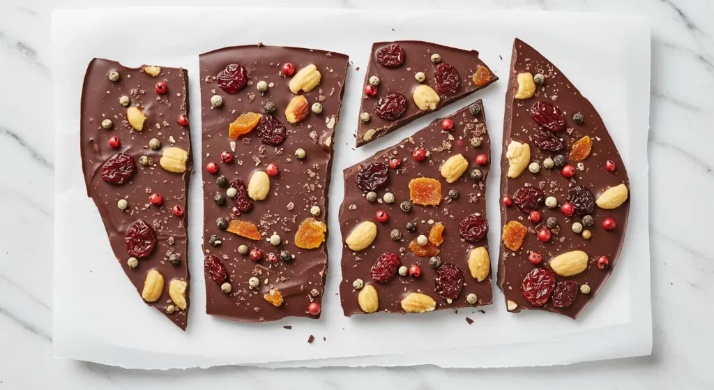 Spiced chocolate bark with cracked pepper, dried fruit, and nuts, creating a perfect balance of heat and sweetness.