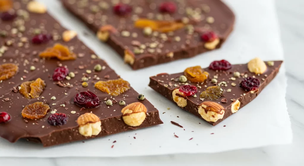 A rich chocolate bark infused with pepper and garnished with cranberries, nuts, and spices for a bold flavor.