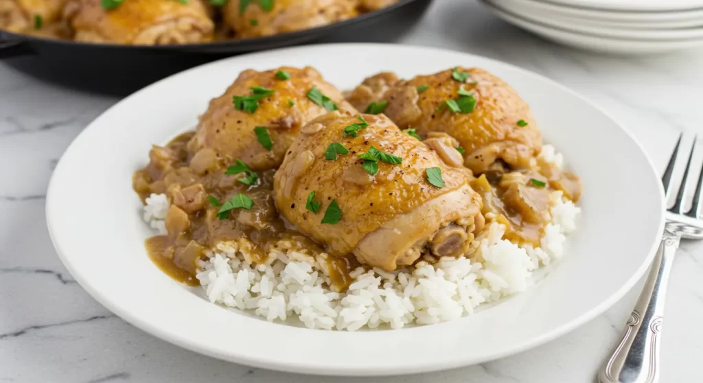 A plate of smothered chicken and rice topped with rich onion gravy and fresh parsley for a comforting meal.