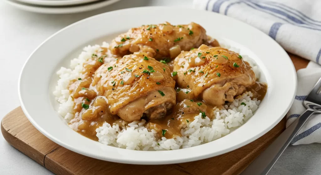 Tender smothered chicken served over fluffy rice with a savory gravy, garnished with fresh herbs.