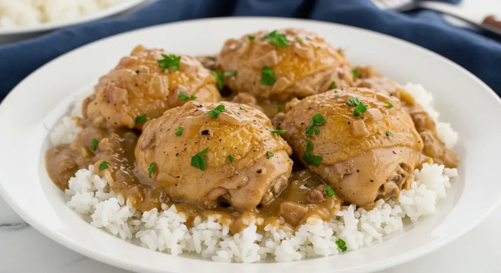 Hearty smothered chicken and rice with golden-browned chicken thighs drenched in a flavorful sauce.