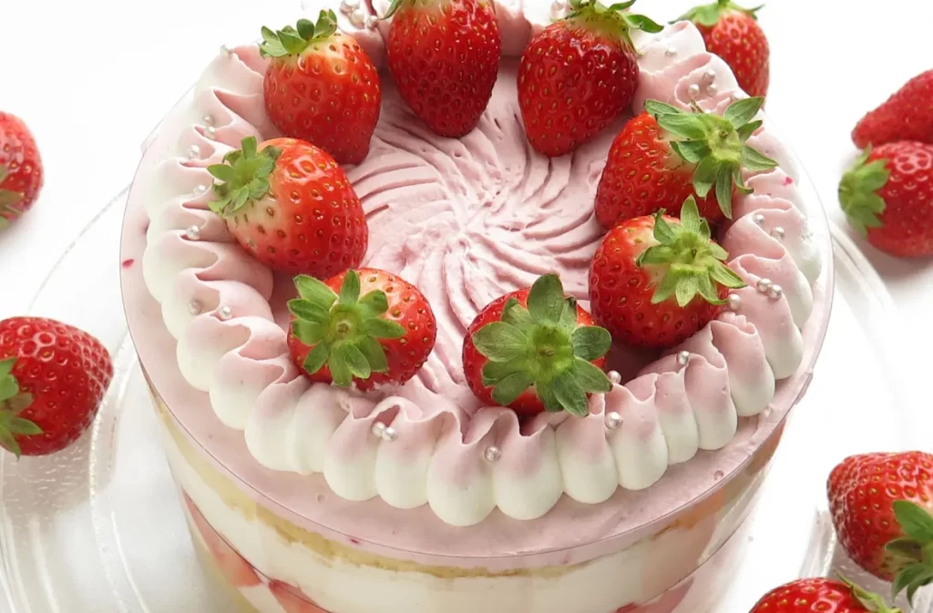 Pink strawberry shortcake with whipped cream topping