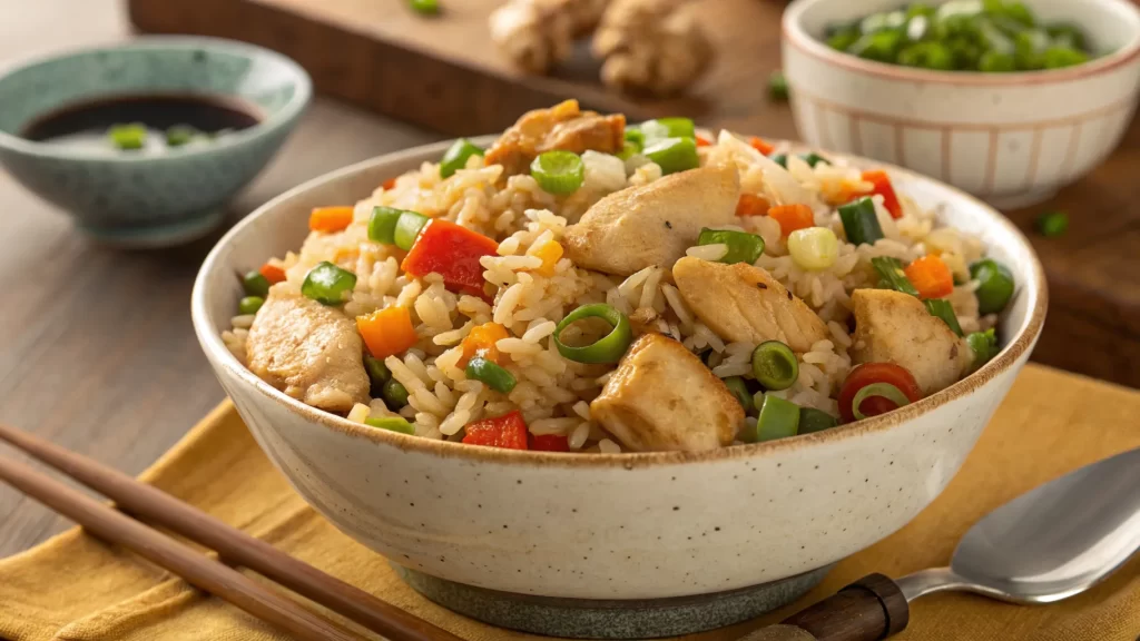 Chicken fried rice with colorful veggies promotes heart health by providing lean protein and fiber.