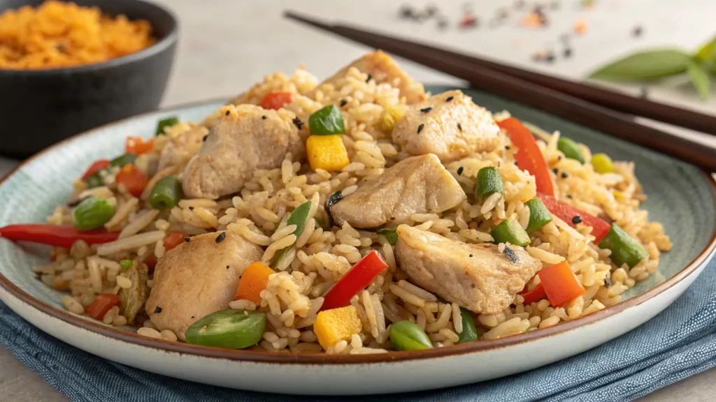 A bowl of chicken fried rice, a nutritious option for a heart-healthy diet.