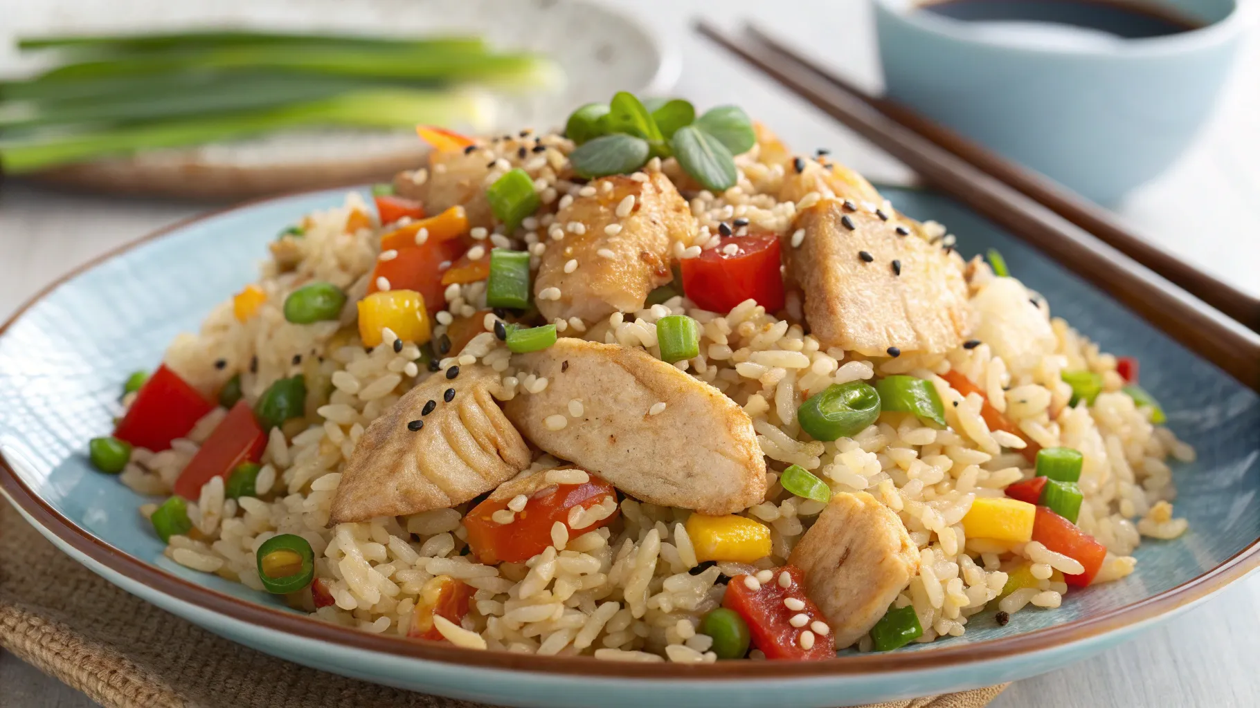 A plate of chicken fried rice, rich in heart-healthy ingredients like lean chicken and vegetables.