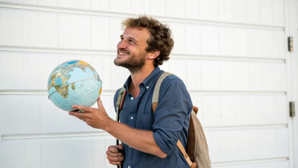 A smiling traveler holding a globe, embodying the adventurous spirit that’s central to what to put in a travel personal website.