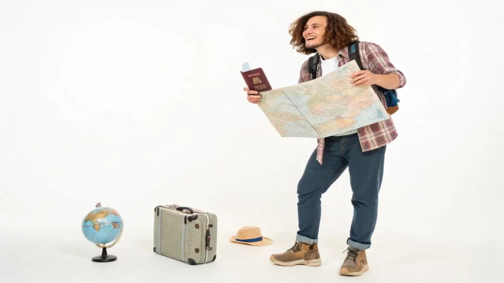 A traveler excitedly holding a map and passport, preparing for their journey—showcasing key elements for a travel personal website.