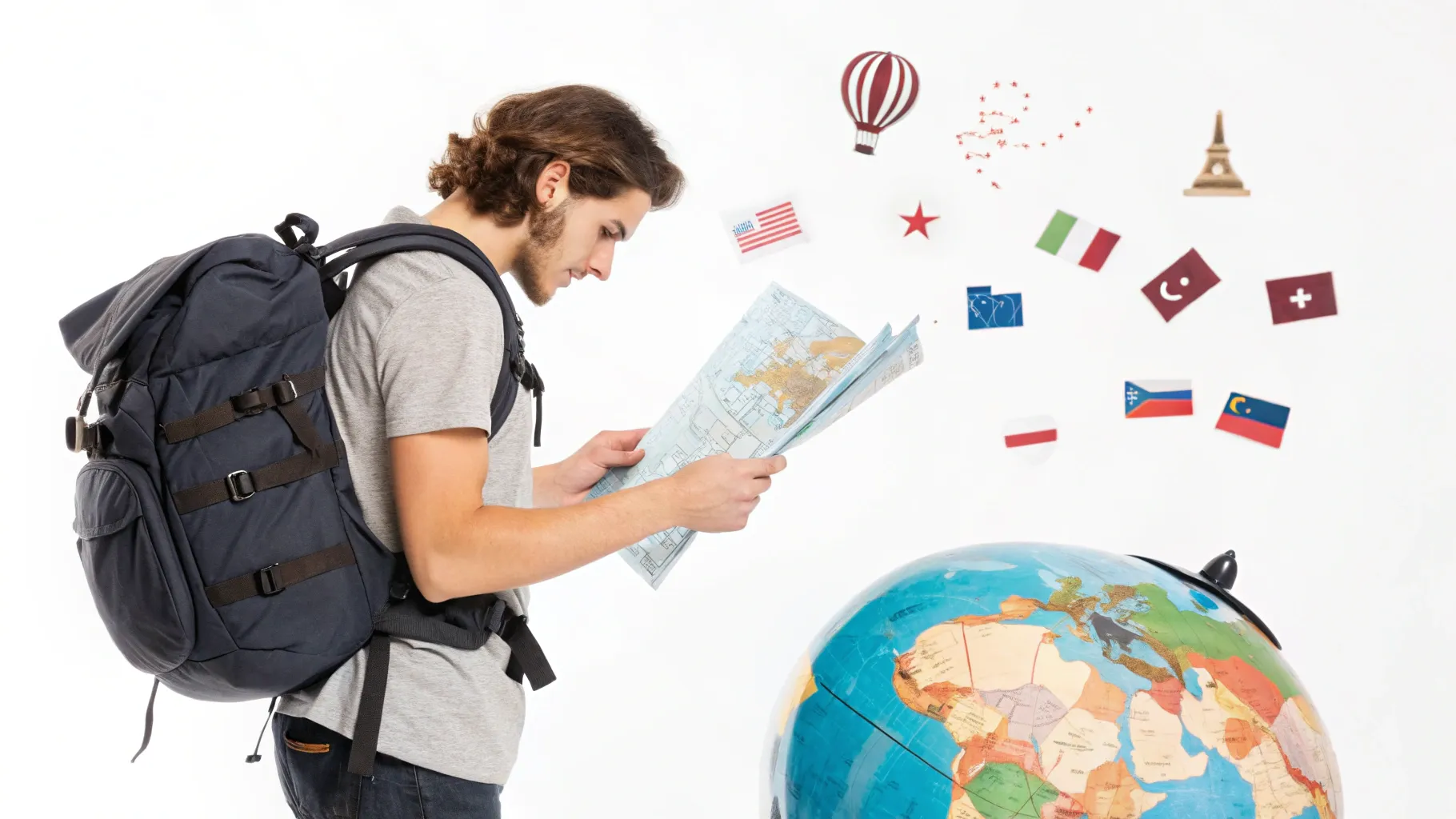 A traveler with a backpack looking at a map to plan their next trip—an essential part of what to put in a travel personal website.