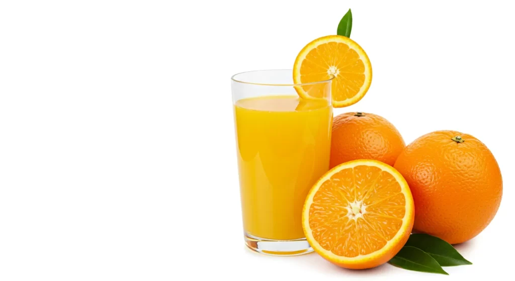 A glass of fresh squeezed orange juice surrounded by fresh oranges.