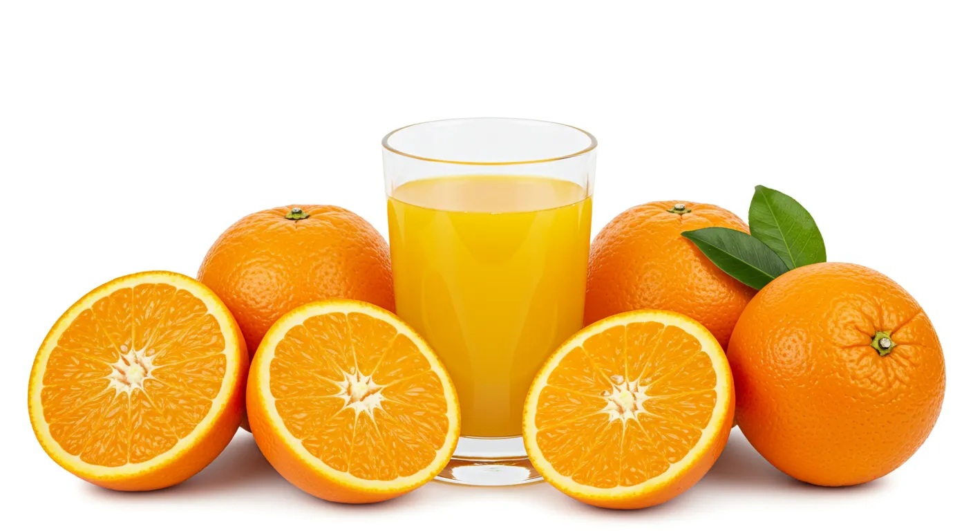 Fresh squeezed orange juice with whole and sliced oranges around it.