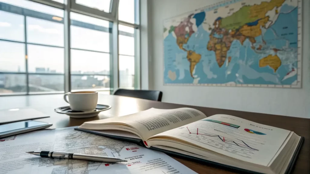 A workspace with a world map, real estate documents, and charts related to foreign investment regulations