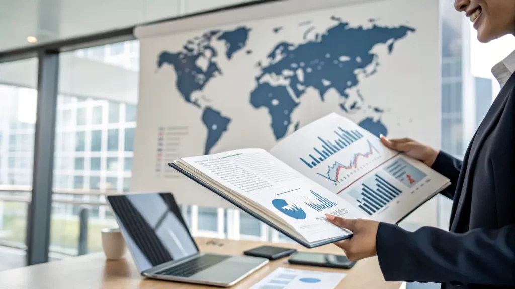 A businesswoman analyzing data on foreign real estate investments with a world map in the background