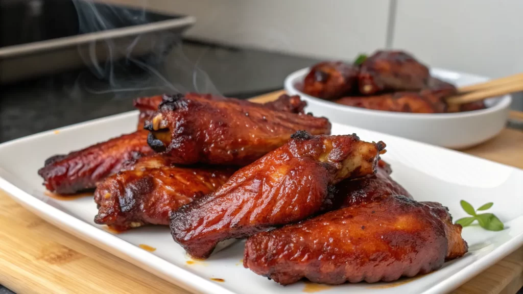 Smoked wings served fresh after being reheated in a crockpot, glazed with sauce