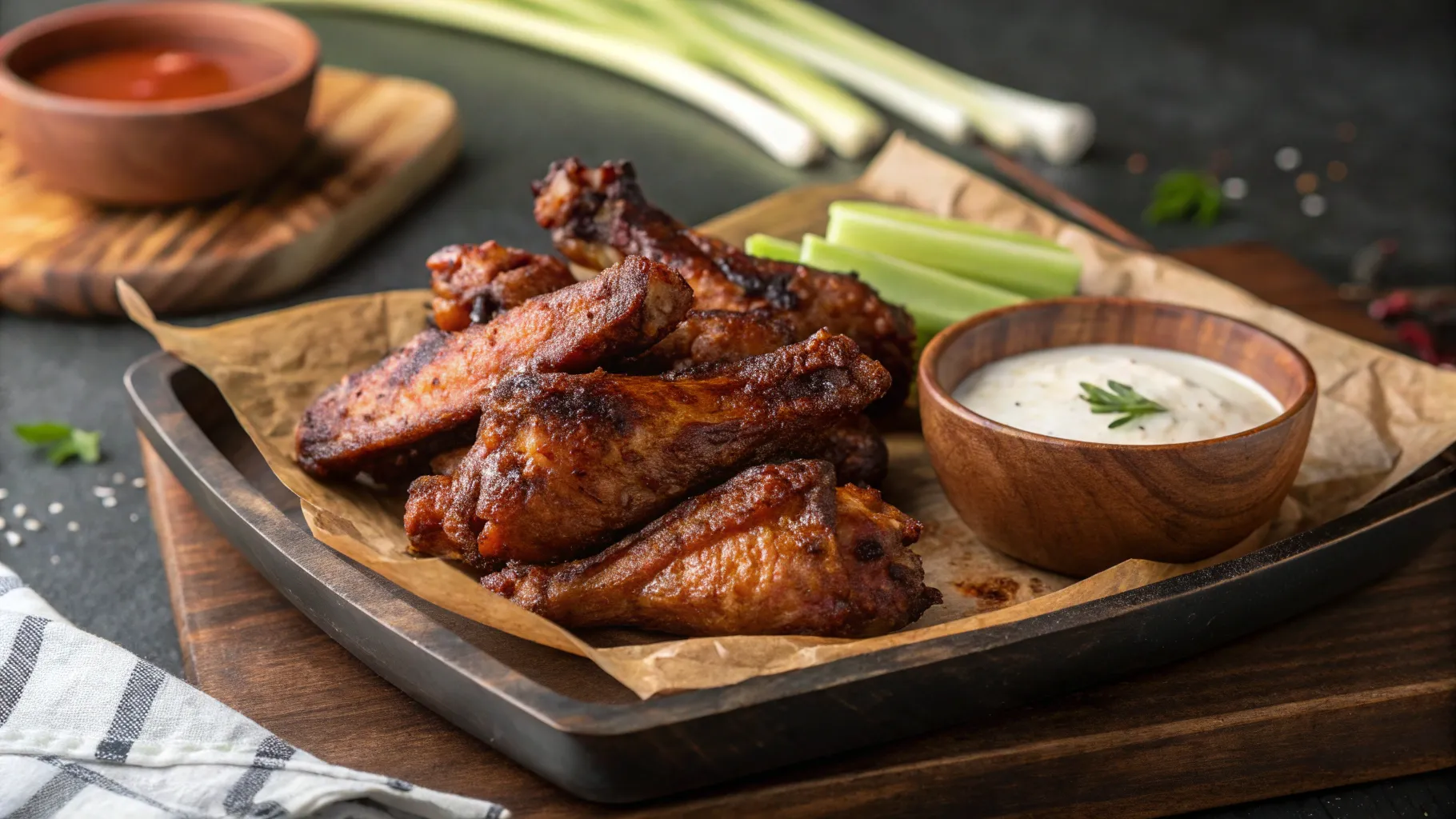 A plate of smoked wings reheated in a crockpot, served with fresh sides.