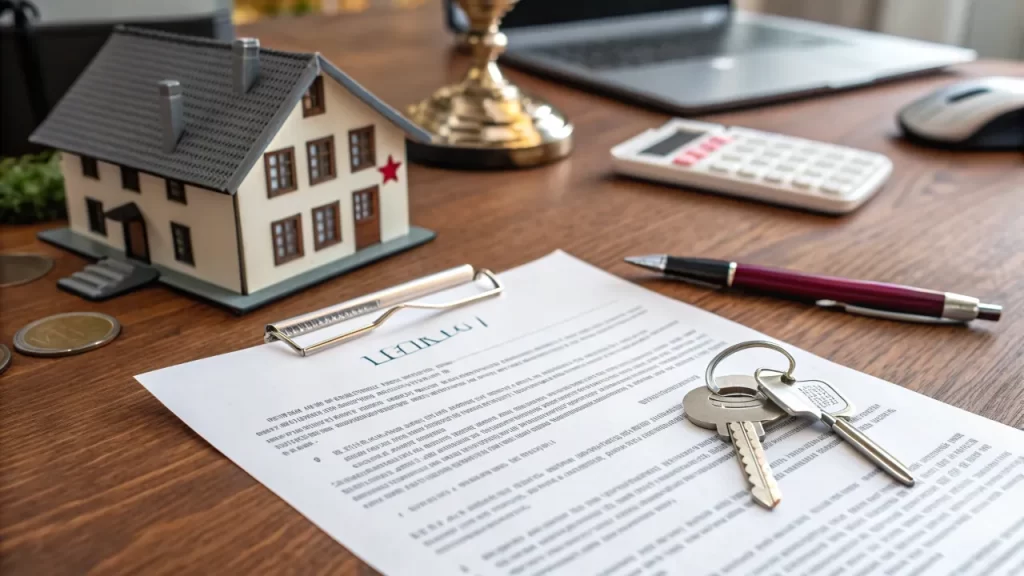 Real estate contract and keys on the desk, indicating specific performance in property deals