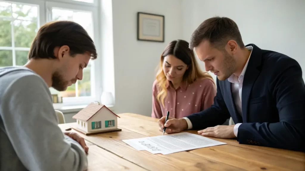 Couple signing a real estate agreement, showcasing specific performance in property law