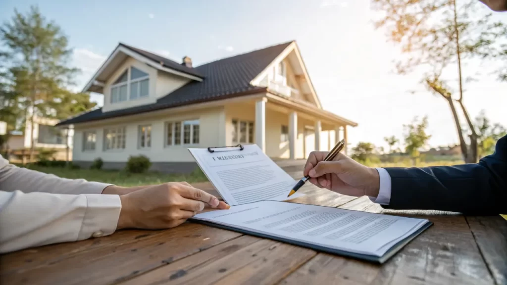 Real estate signing with property agreement and pen, emphasizing specific performance in real estate