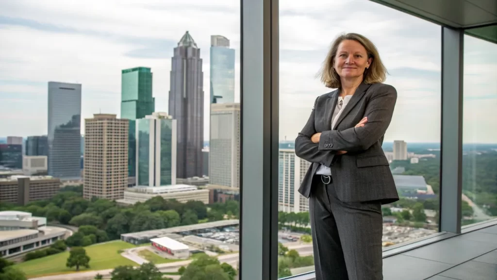 Real estate developer Sandi standing confidently in front of city skyline