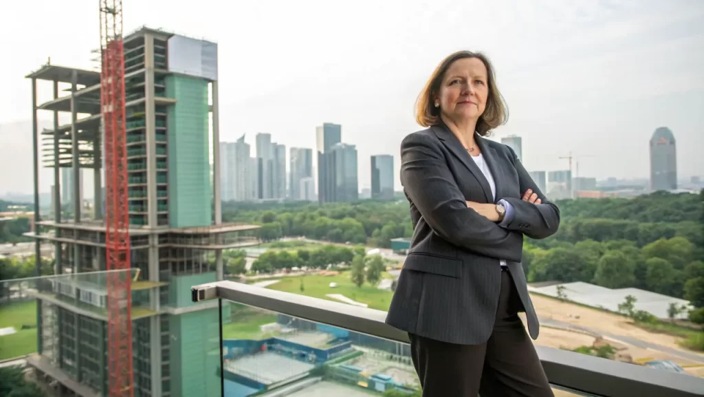 Sandi posing with a construction site and city in the background.