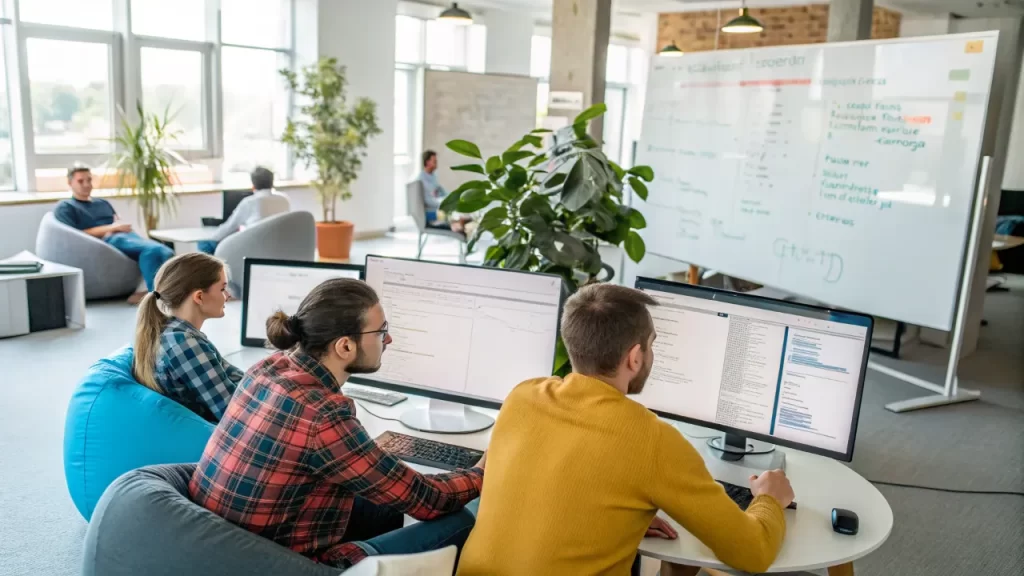 Team collaborating on co development software in a modern office setting