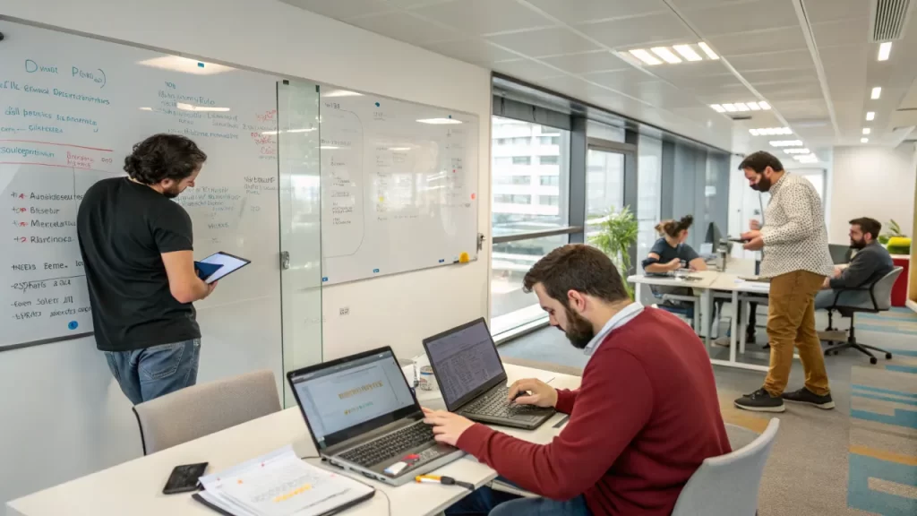 Developers working together on co development software in a bright workspace