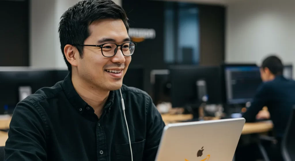 Smiling Amazon software engineer at a desk with a MacBook, reflecting on their job role and salary at Amazon.