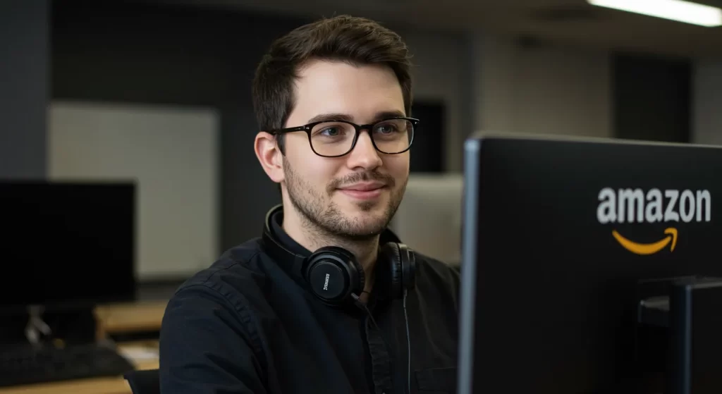 Amazon software engineer at a workstation with headphones, working while considering career progression and salary