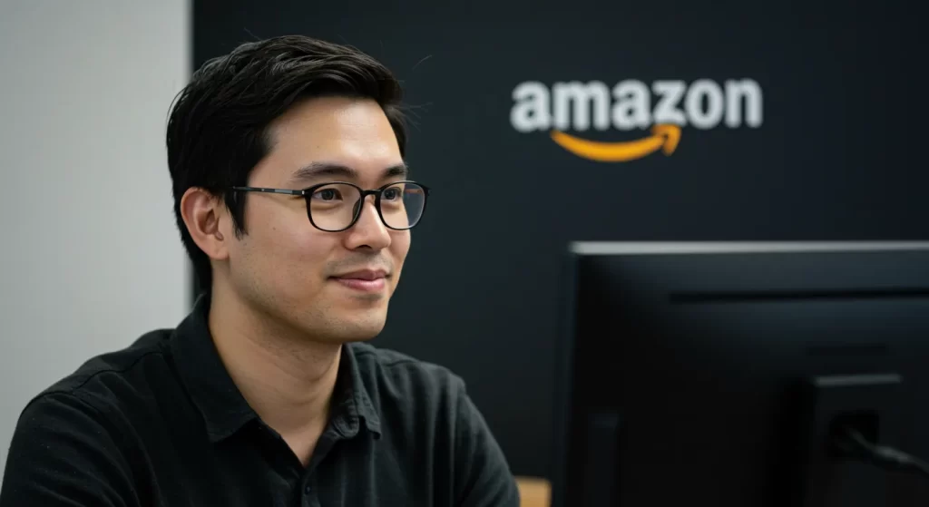 Amazon software engineer sitting at a desk, analyzing code with Amazon logo in the background and thinking about salary