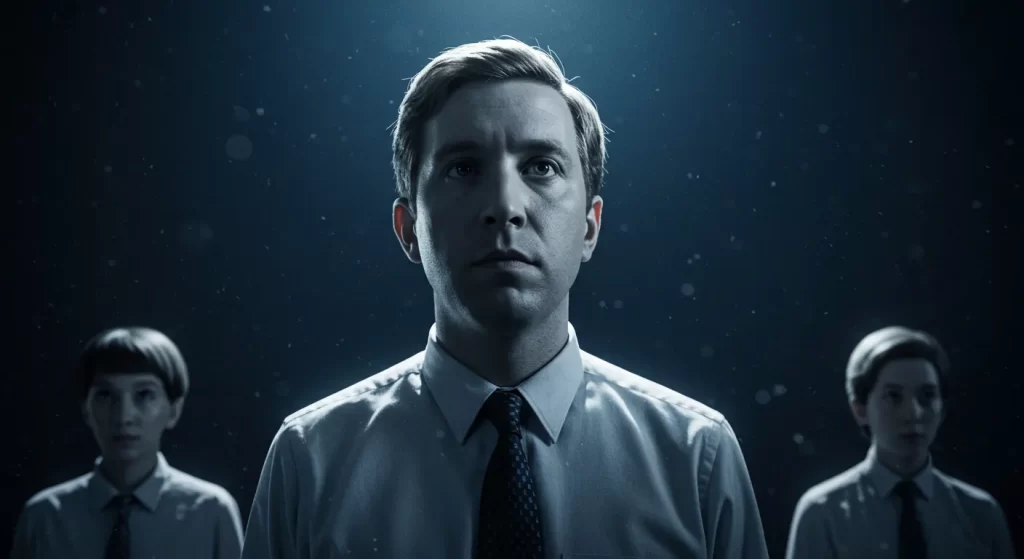 Man in a dark setting, focused on a contemplative moment.