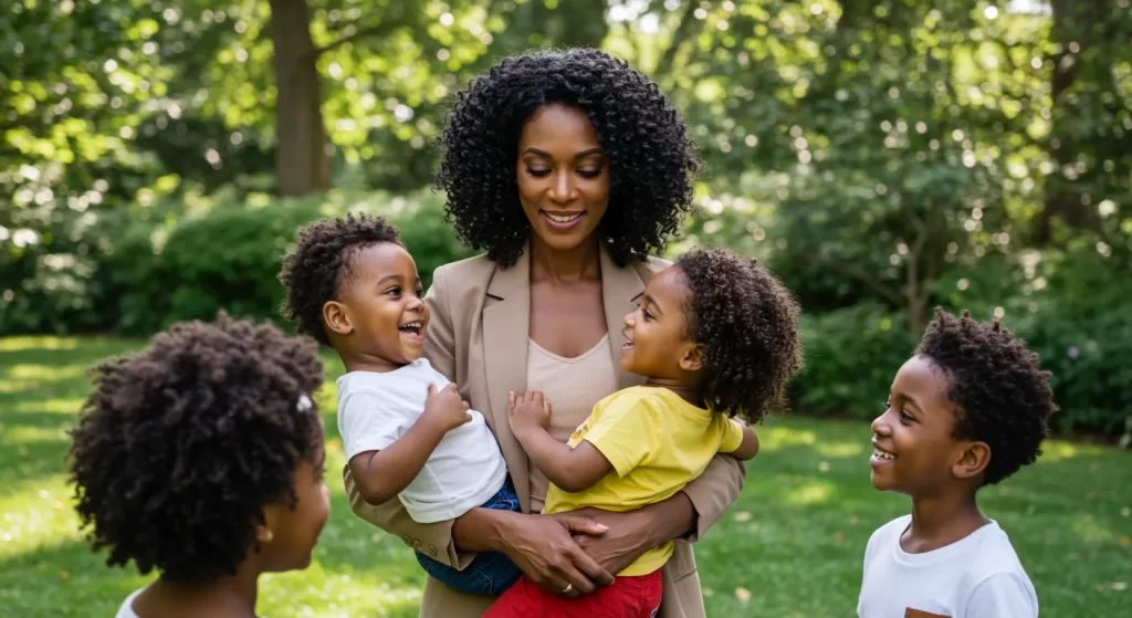 A mother joyfully plays with her four children outdoors, surrounded by greenery