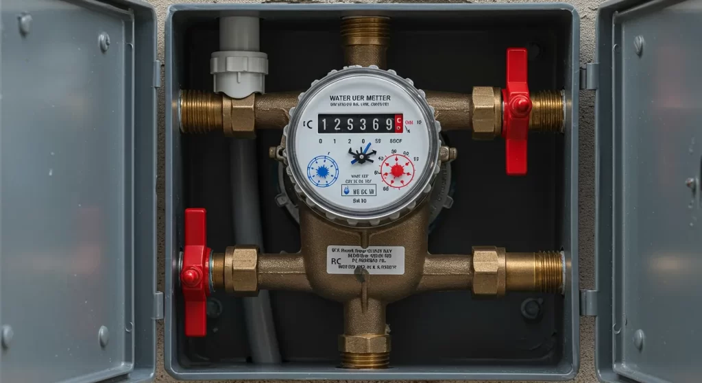 Water meter with red valves inside a gray utility box
