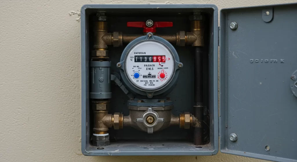 Wall-mounted water meter with visible pipe connections