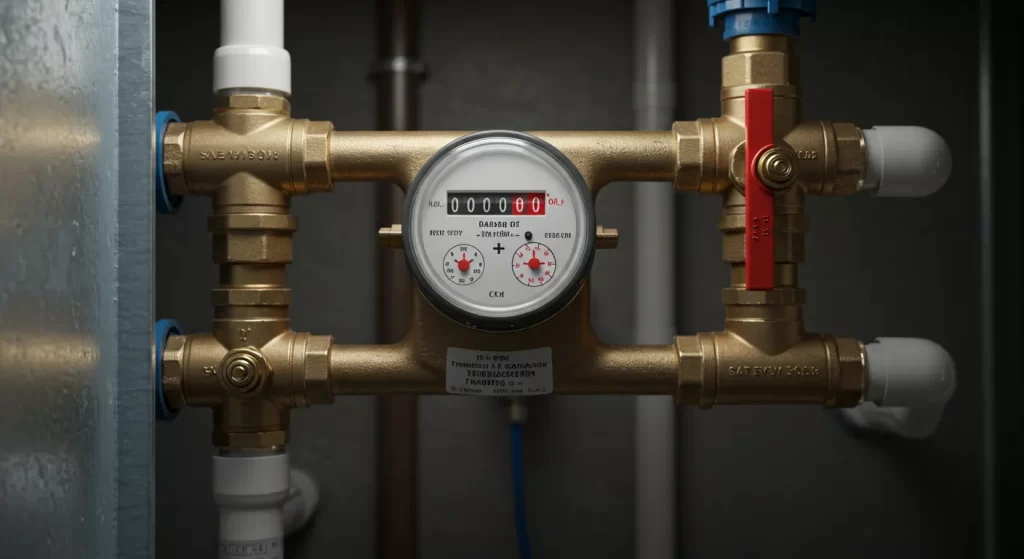 New water meter with zero reading and brass plumbing.
