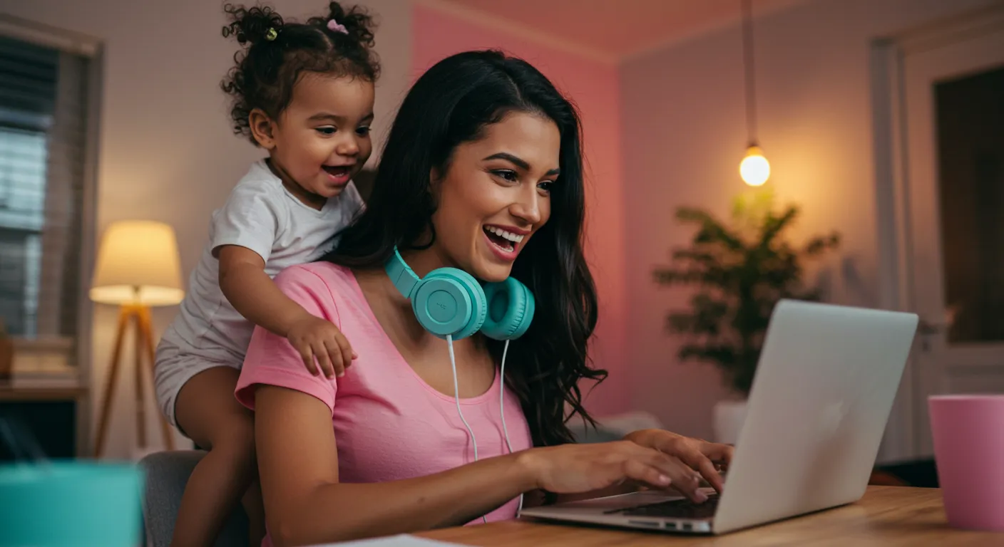 A mother, wearing turquoise headphones, smiles while working on her laptop with her young child on her back.