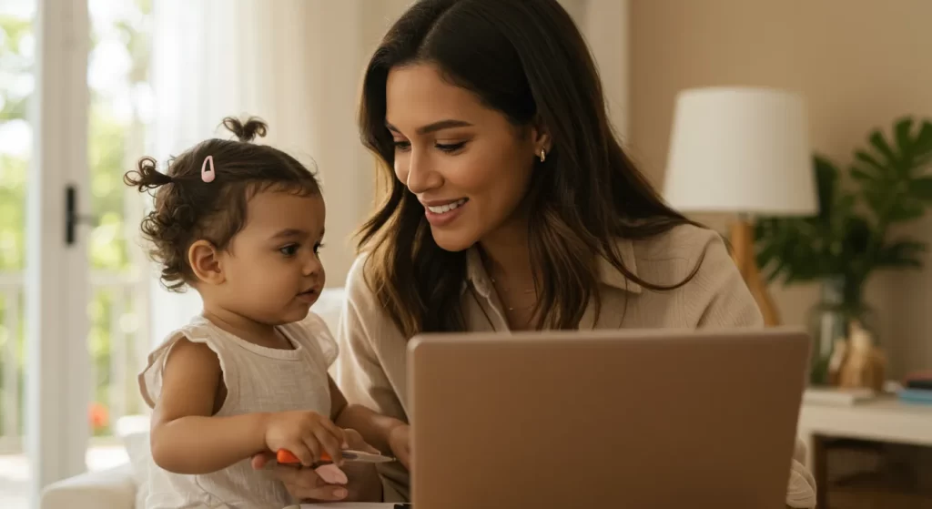 A mother and her young child sit at a table, smiling and engaging with a laptop