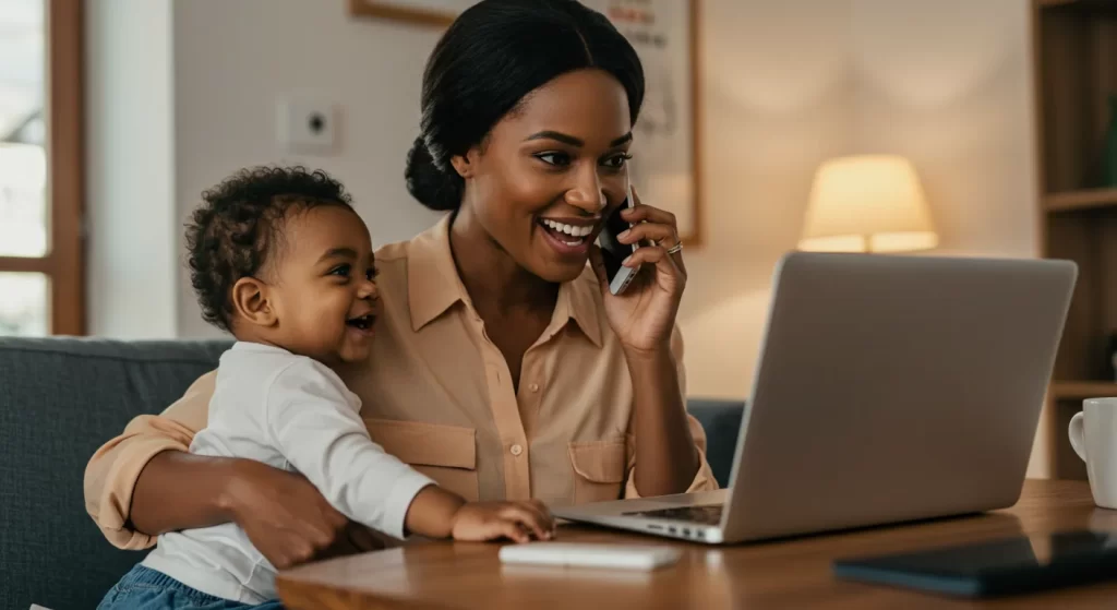 A mother laughs while talking on the phone, holding her baby close in her arms