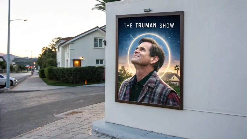 Man looking up at a billboard poster for 'The Truman Show