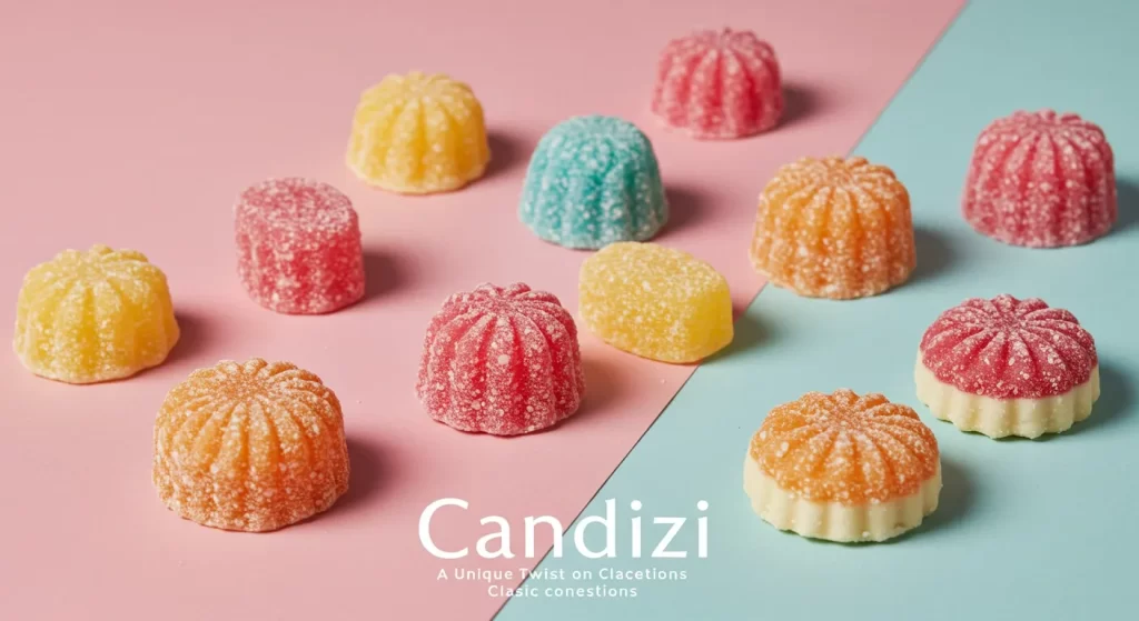 Colorful chewy Candizi gummies on pastel background