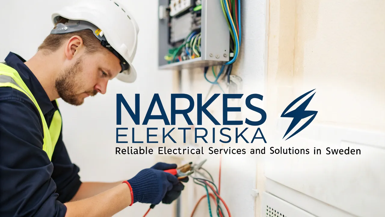 Electrician working on wiring with Närkes Elektriska logo