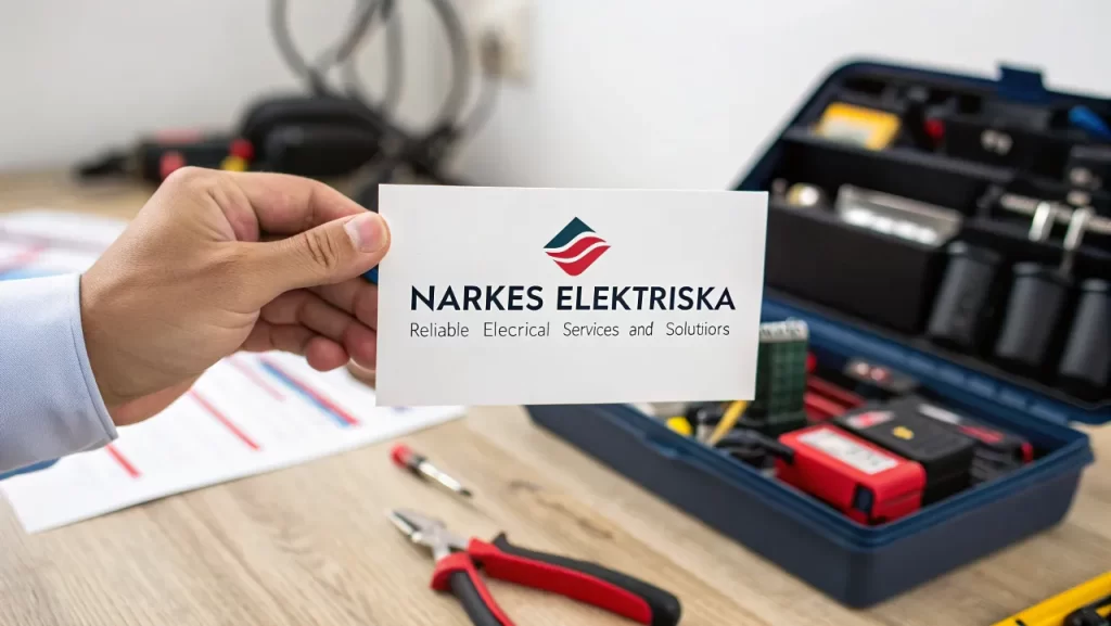 Hand holding Närkes Elektriska business card