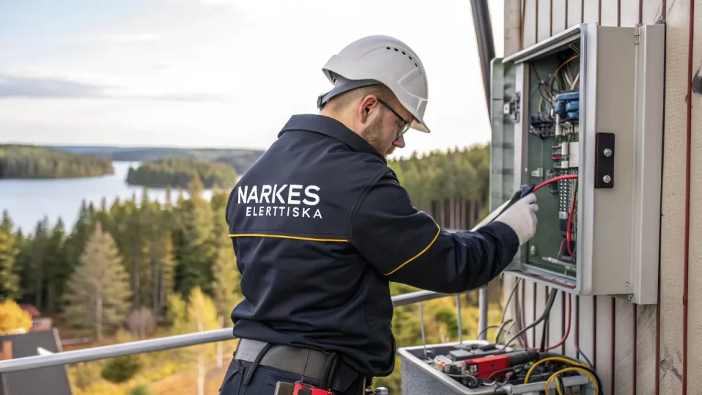 Technician working on electrical panel in nature