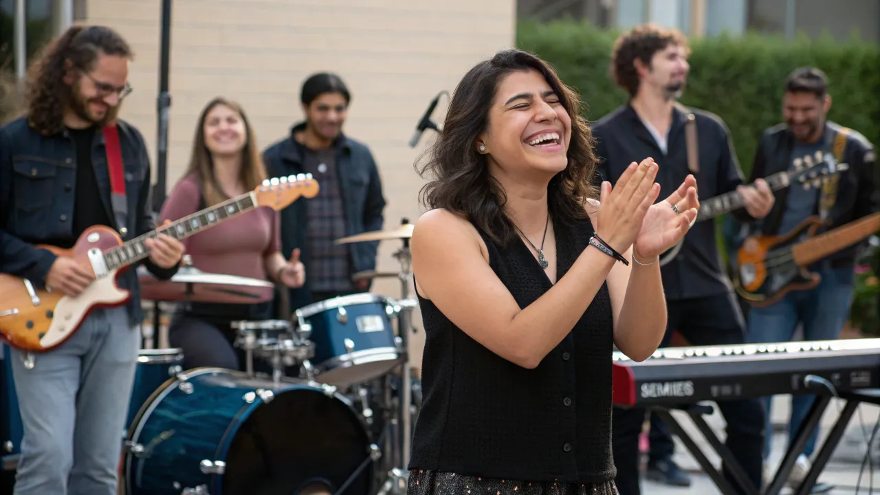 woman celebrating with a band